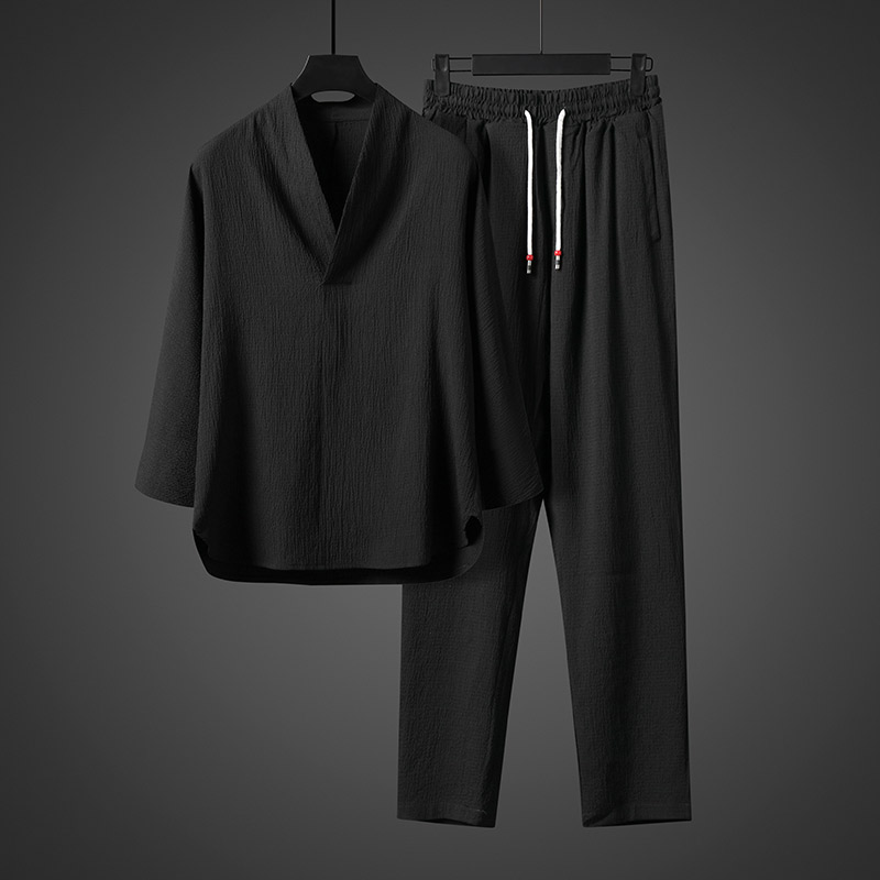 中国风夏季男士冰丝长袖t恤裤子套装宽松薄款套装CK063P110