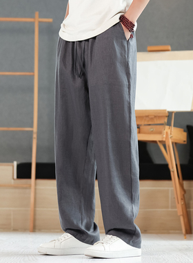100%纯亚麻直筒阔腿裤灰色休闲商务中年青年男士秋装裤子K022P95