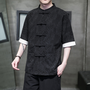 风夏季男青年唐装半袖衬衫盘扣短袖中华立领5分袖汉服C052P70图片