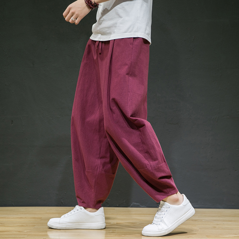 冬季保暖大码宽松休闲裤复古棉麻男加绒长裤风阔腿裤K001P85，男装休闲裤，星座409-1