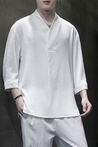 风夏季男装薄款t恤男5分袖汉服茶服夏装男士半袖上衣C053P60图片