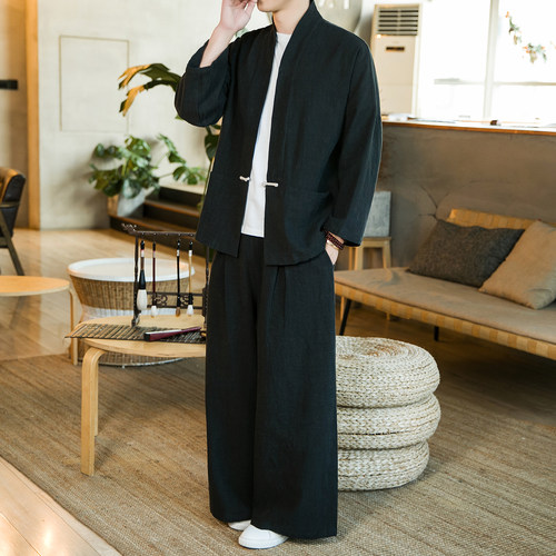 中式布扣唐装男士亚麻汉服民族风棉麻茶艺古装套装M911K013P160