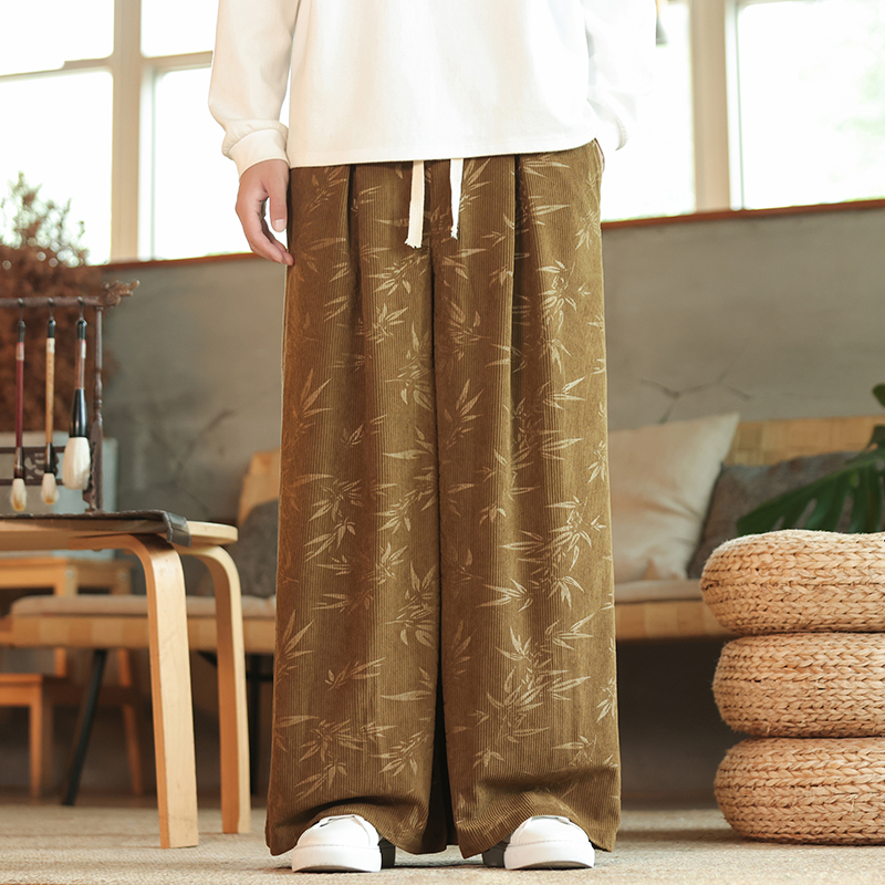 秋冬中国风灯芯绒休闲长裤直筒阔腿裤日系复古条绒哈伦裤K039P55