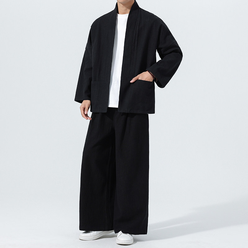 开衫唐装风棉麻禅修居士茶服大码披风汉服套装M910K013P160,男装休闲套装,星座409-1