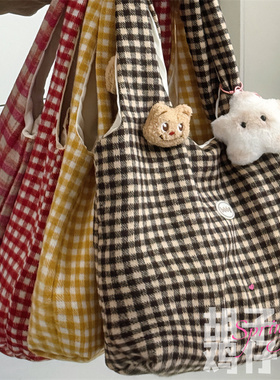 秋冬大容量单肩包日系ins风百搭格子包包女帆布包学生通勤托特包