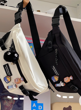 日系原宿暗黑风男女中性胸包 韩国ins复古少女斜挎包纯色百搭腰包