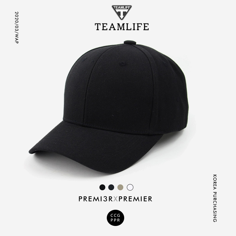 韩国teamlife高顶鸭舌帽男女纯黑色百搭显脸小硬顶棒球帽净版帽子