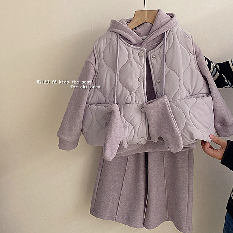 冬韩女童加绒卫衣棉马甲长裤套装