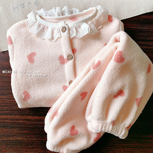 女童雪粒绒卡通家居服冬季儿童花边加绒棉居家服宝宝保暖加厚睡衣