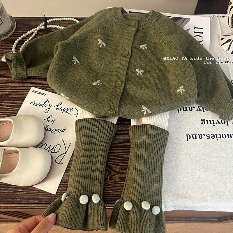 韩国女童蝴蝶结毛衣开衫秋季新款儿童短款上衣宝宝洋气圆领外套