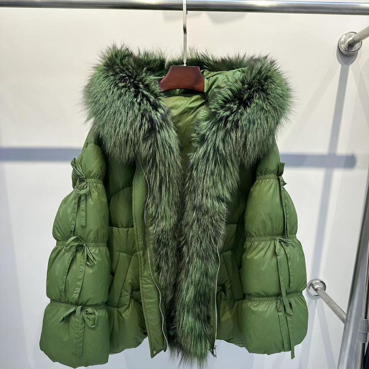 高端皮草中长连帽90白鹅绒