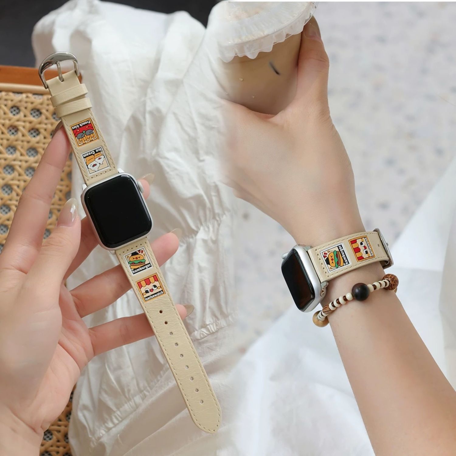 可爱插画适用oppowatch4Pro表带X2mini真皮女watch32原创设计新款