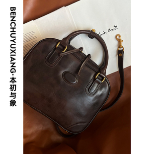 本初与象沫宝家头层牛皮水洗植鞣皮保龄球手提单肩斜挎红色豌豆包