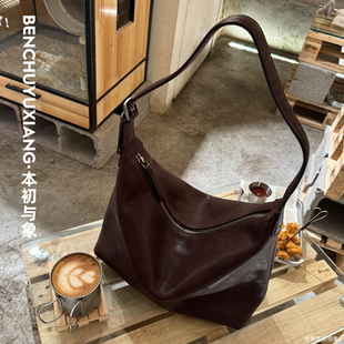 本初与象头层牛皮植鞣皮腋下包马鞍包单肩斜挎极简麻将包女