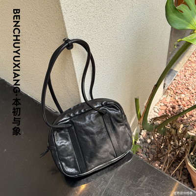 本初与象小众定制款知识分子风头层牛皮植鞣皮水洗腋下通勤软方包