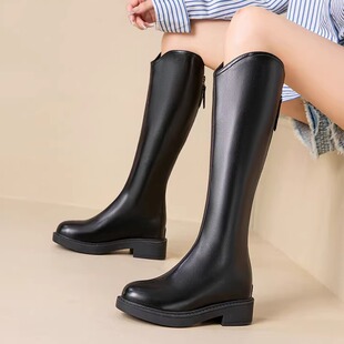 长筒靴女内增高牛仔靴2025秋季女靴平底时装靴复古V高筒骑士靴子