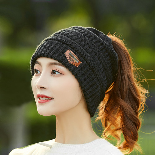 露马尾毛线帽子空顶加绒扎头发