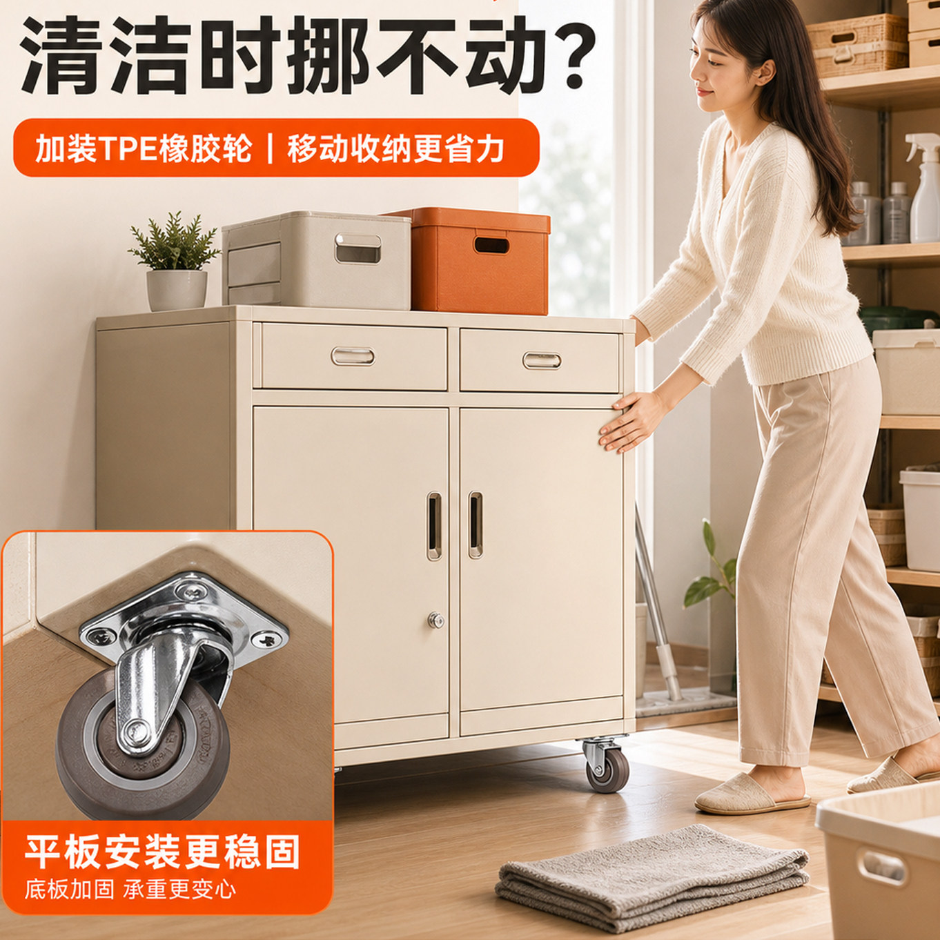 加厚TPE橡胶轮平板万向轮静音承重储物柜脚轮移动柜家具带刹车轮
