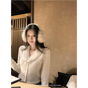 WANANTONG【bc恋人】高支全羊毛包扣开衫 獭兔皮草毛领衫女秋冬