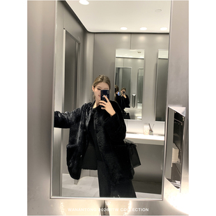 WANANTONG 黑曜石 西班牙进口小拉贡美丽奴皮毛一体冬季女皮草