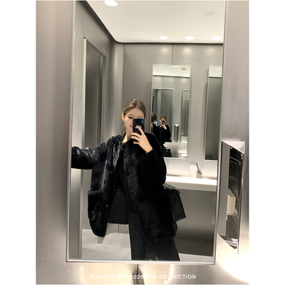 WANANTONG 黑曜石 西班牙进口小拉贡美丽奴皮毛一体冬季女皮草