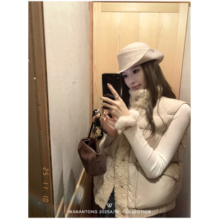 WANANTONG 冬日雪宝/黄油可颂 毛毛拼接羽绒马甲女冬季保暖