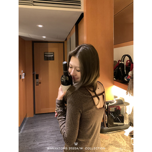 WANANTONG 条纹叠叠乐 露背系带条纹打底衫女冬季内搭