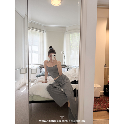WANANTONG 旅行记忆 慵懒白女条纹吊带+卫裤套组春季两件套