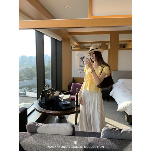 WANANTONG 风铃小雏菊 walking极简系带上衣女夏季短袖小衫