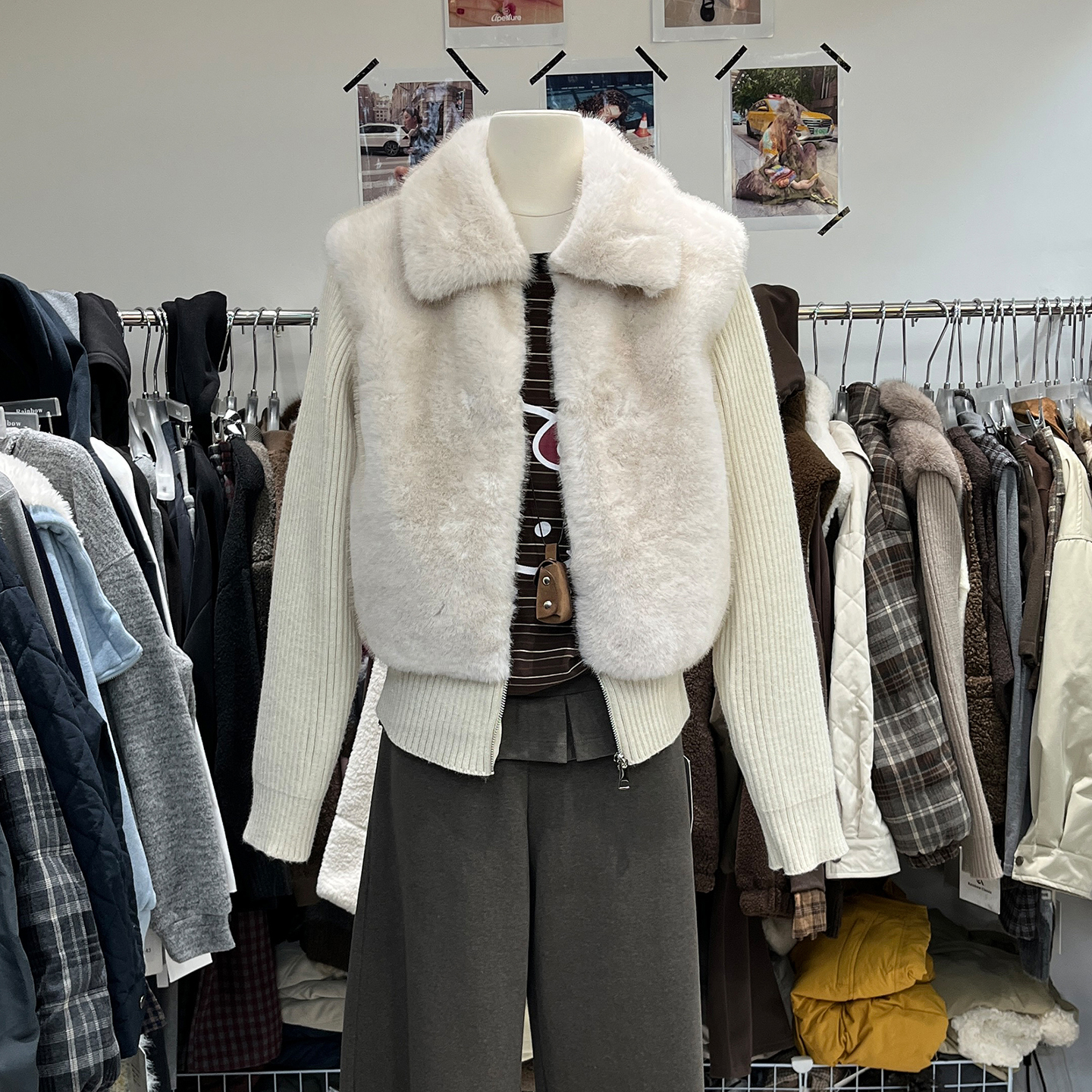 针织袖子拼接翻领毛绒外套女