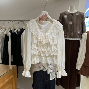 OPEN十三行女装 衬衫 2025新款 娃娃衫 女 韩系蕾丝拼接V领喇叭袖 NEW