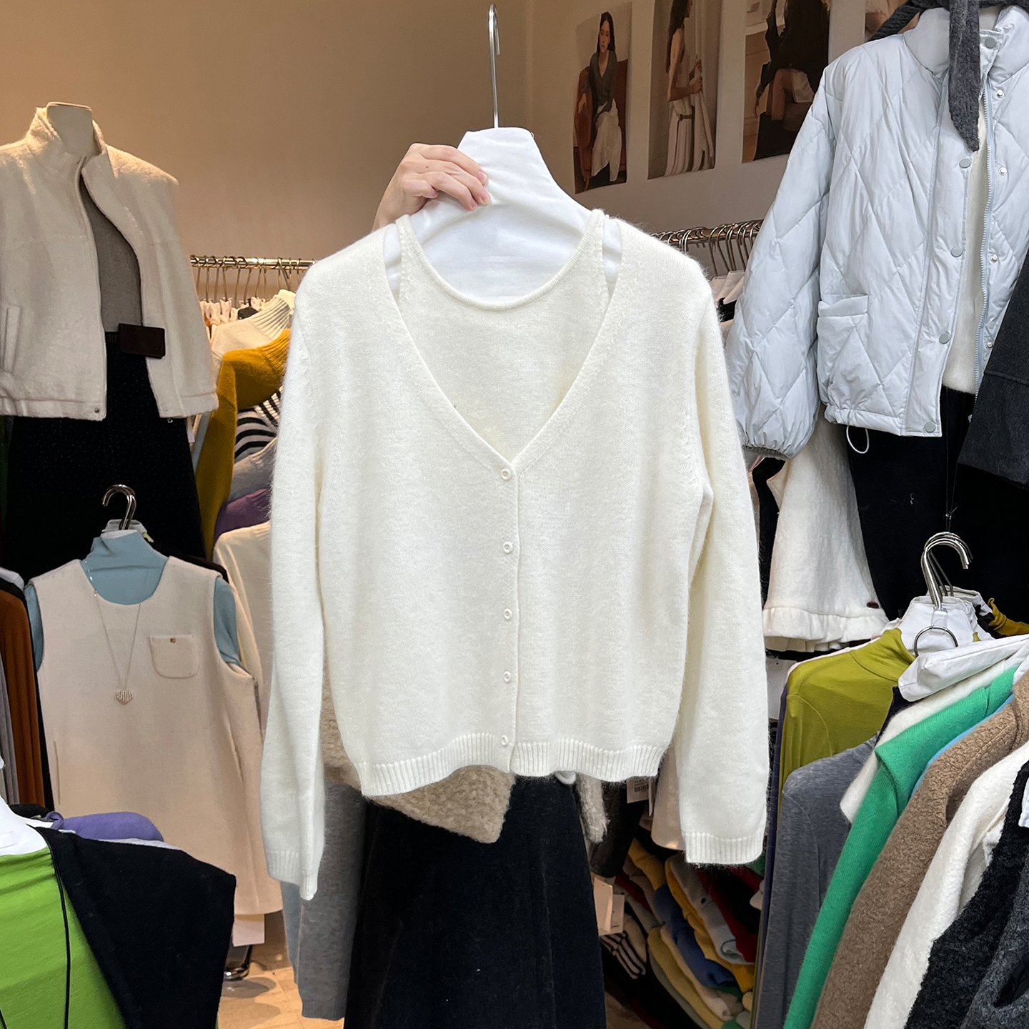 纯色针织衫背心V领毛衣开衫套装