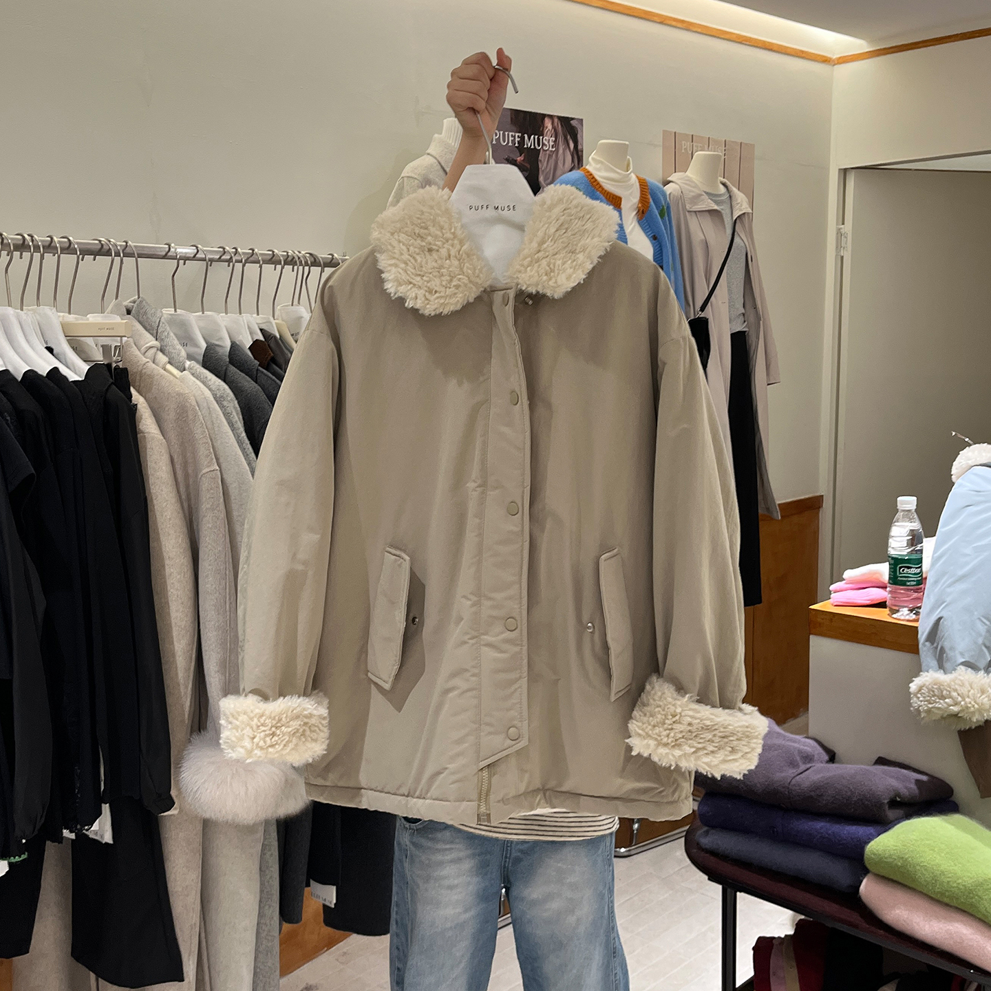 中长款毛内胆翻领保暖外套