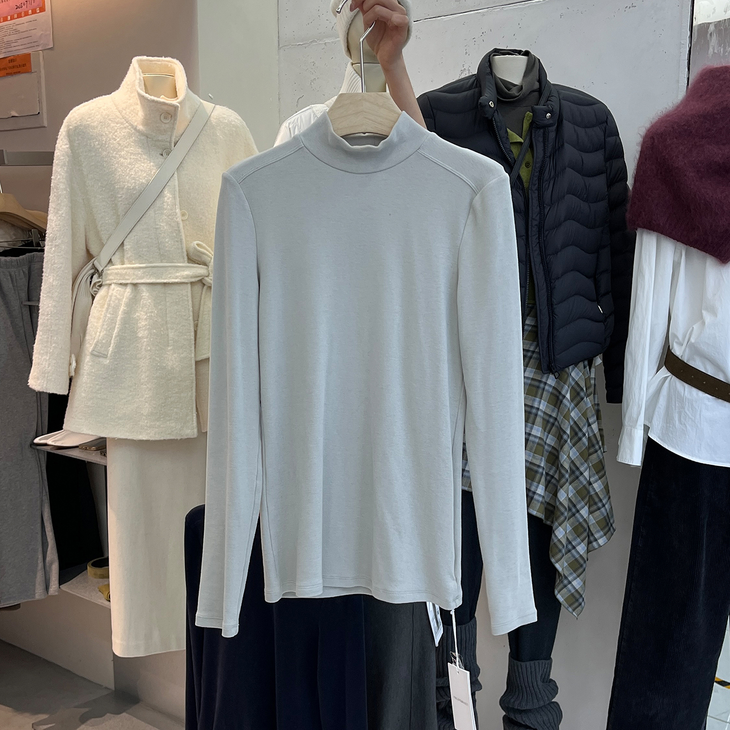 纯色高领磨毛长袖T恤女