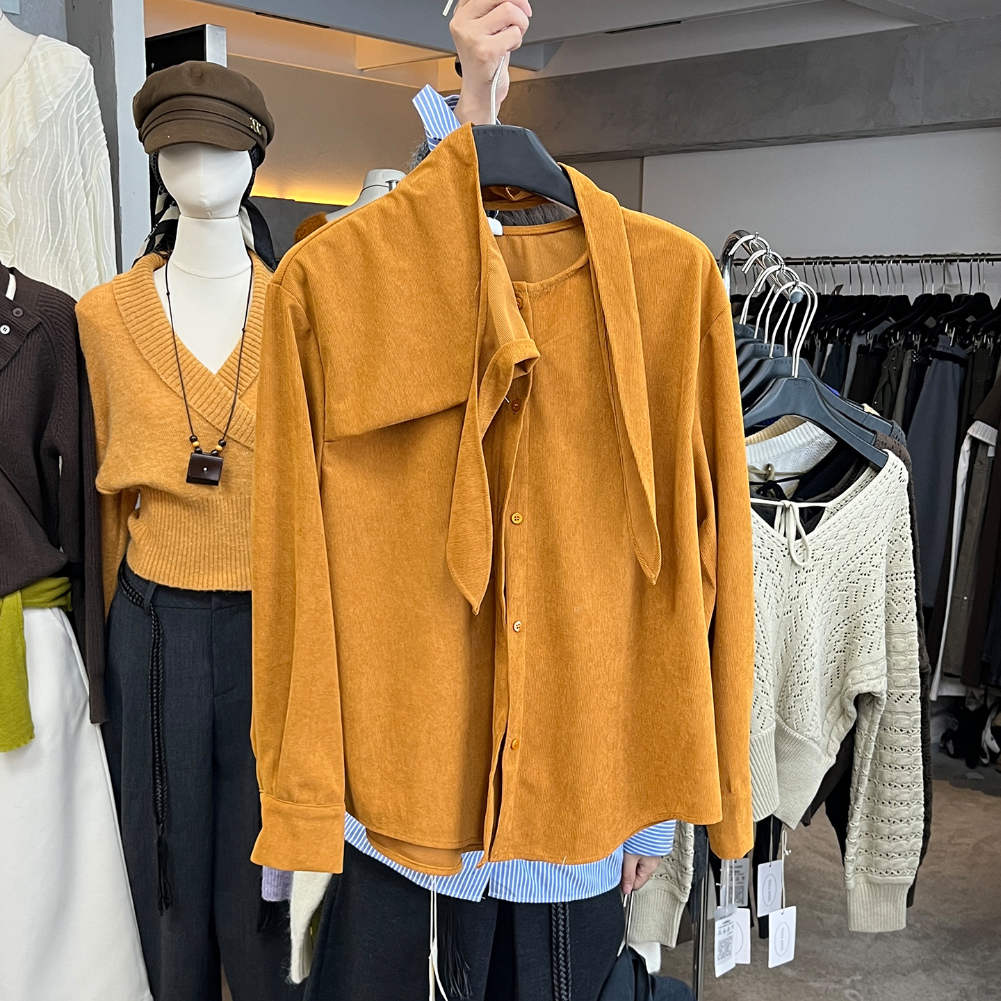 设计感拼接领口系带衬衫女