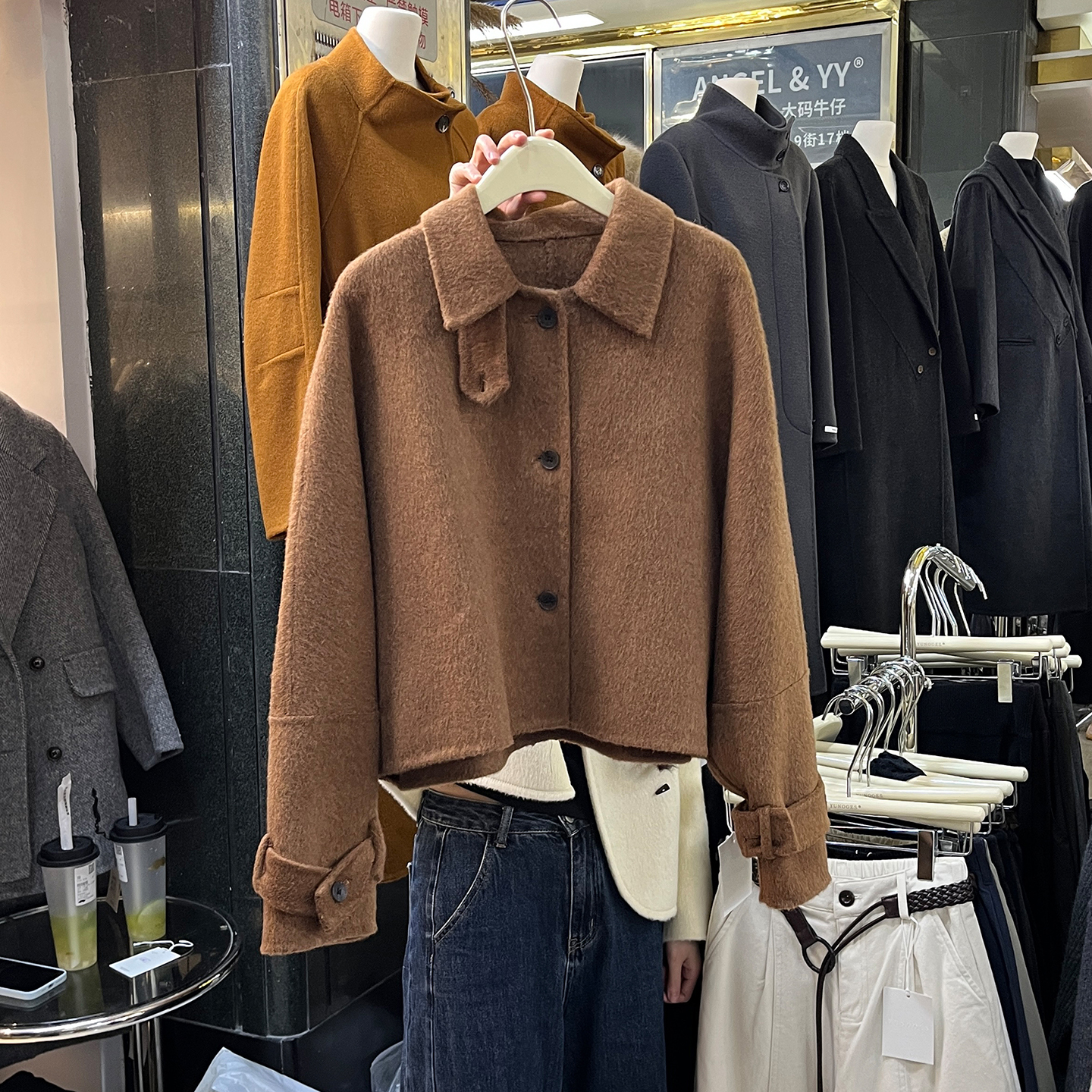 双面呢子上衣女复古气质翻领外套