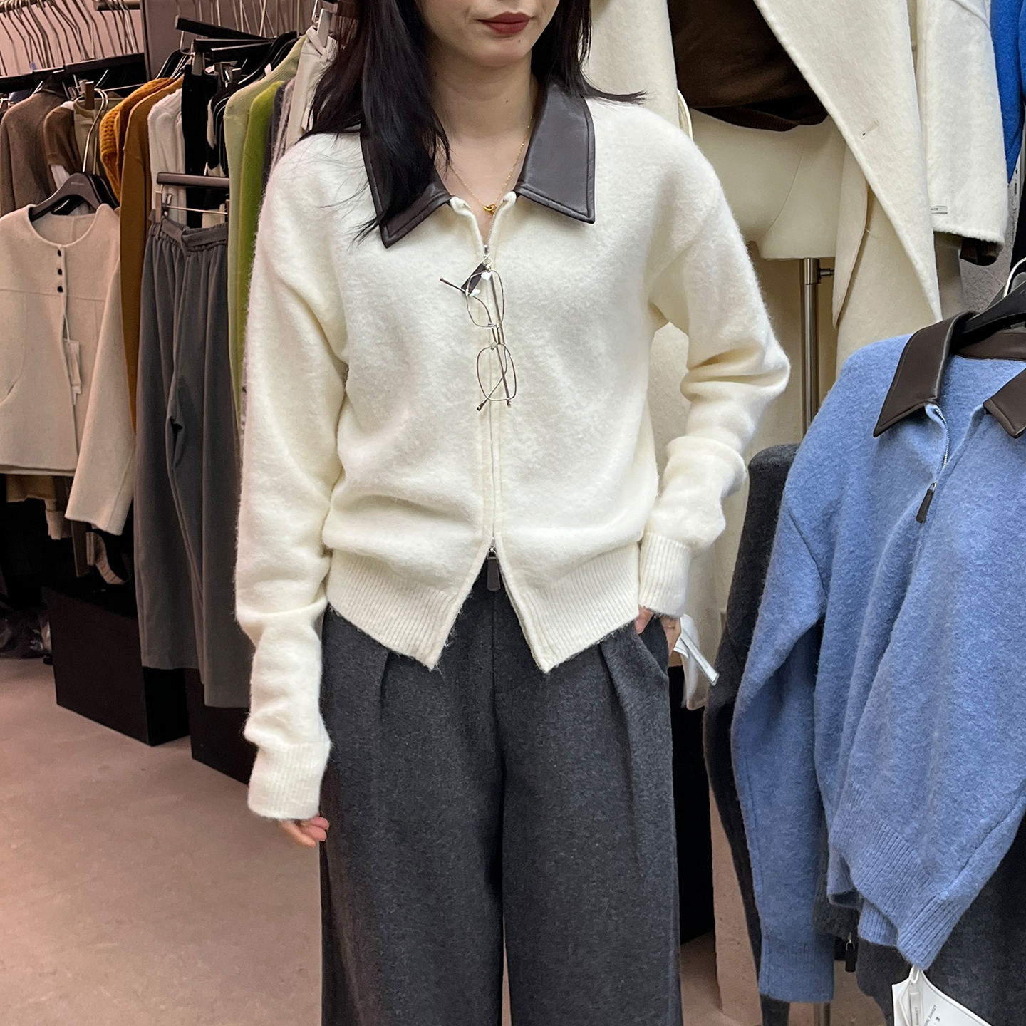 皮翻领针织开衫毛衣外套女