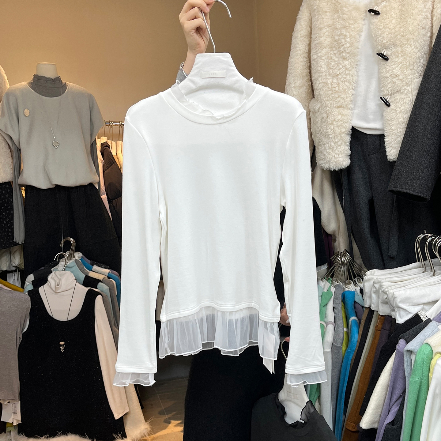 网纱拼接洋气打底衫长袖T恤