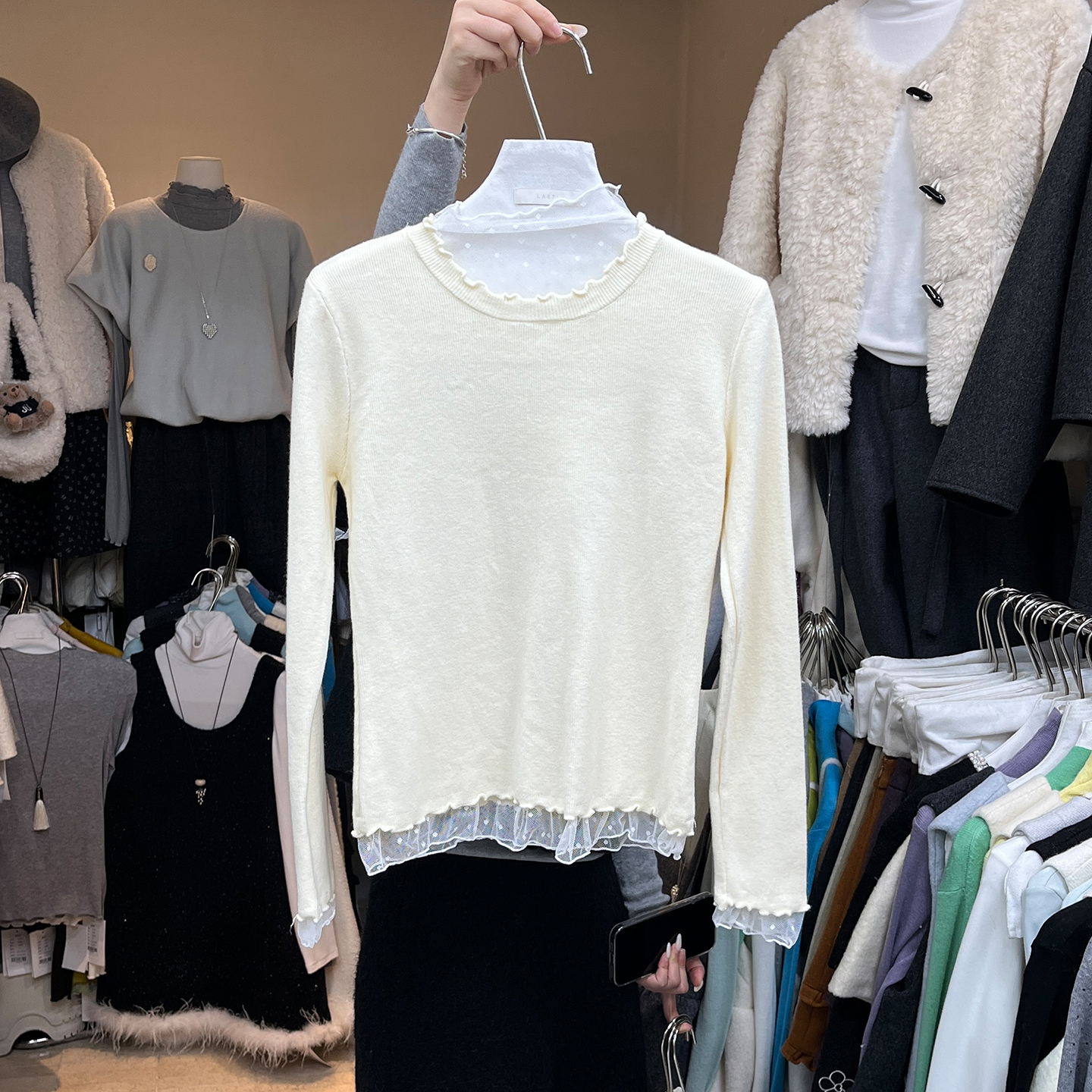 网纱拼接高领波浪边针织衫