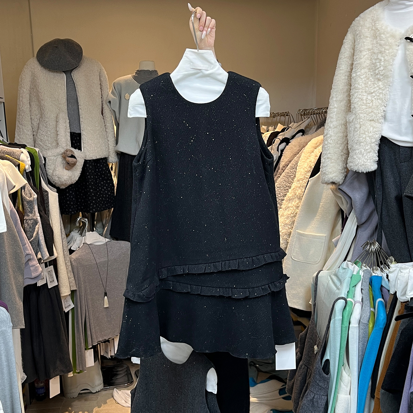 设计感亮片毛呢圆领鱼尾背心裙