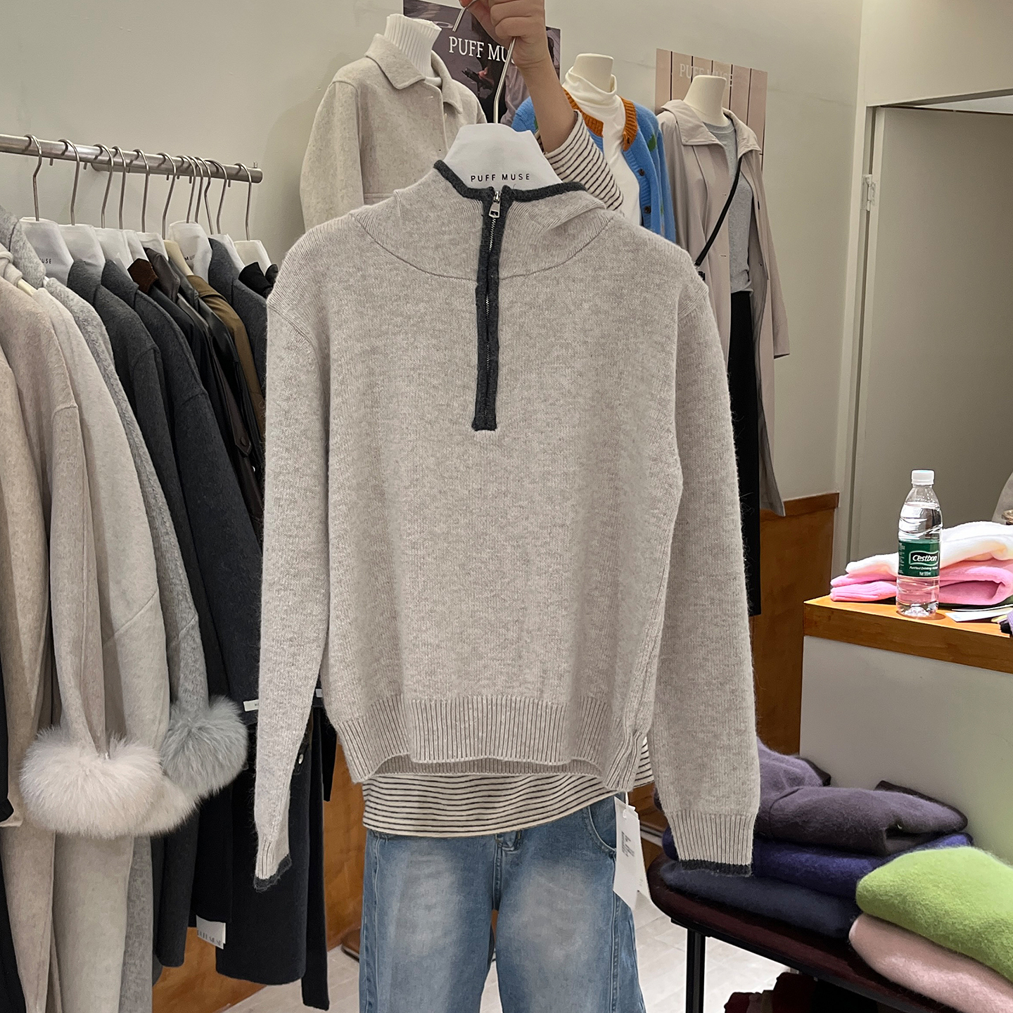 撞色拉链连帽时尚套头毛衣