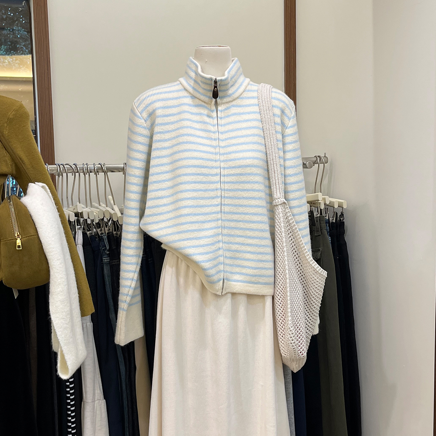 条纹毛衣外套女复古高领针织开衫