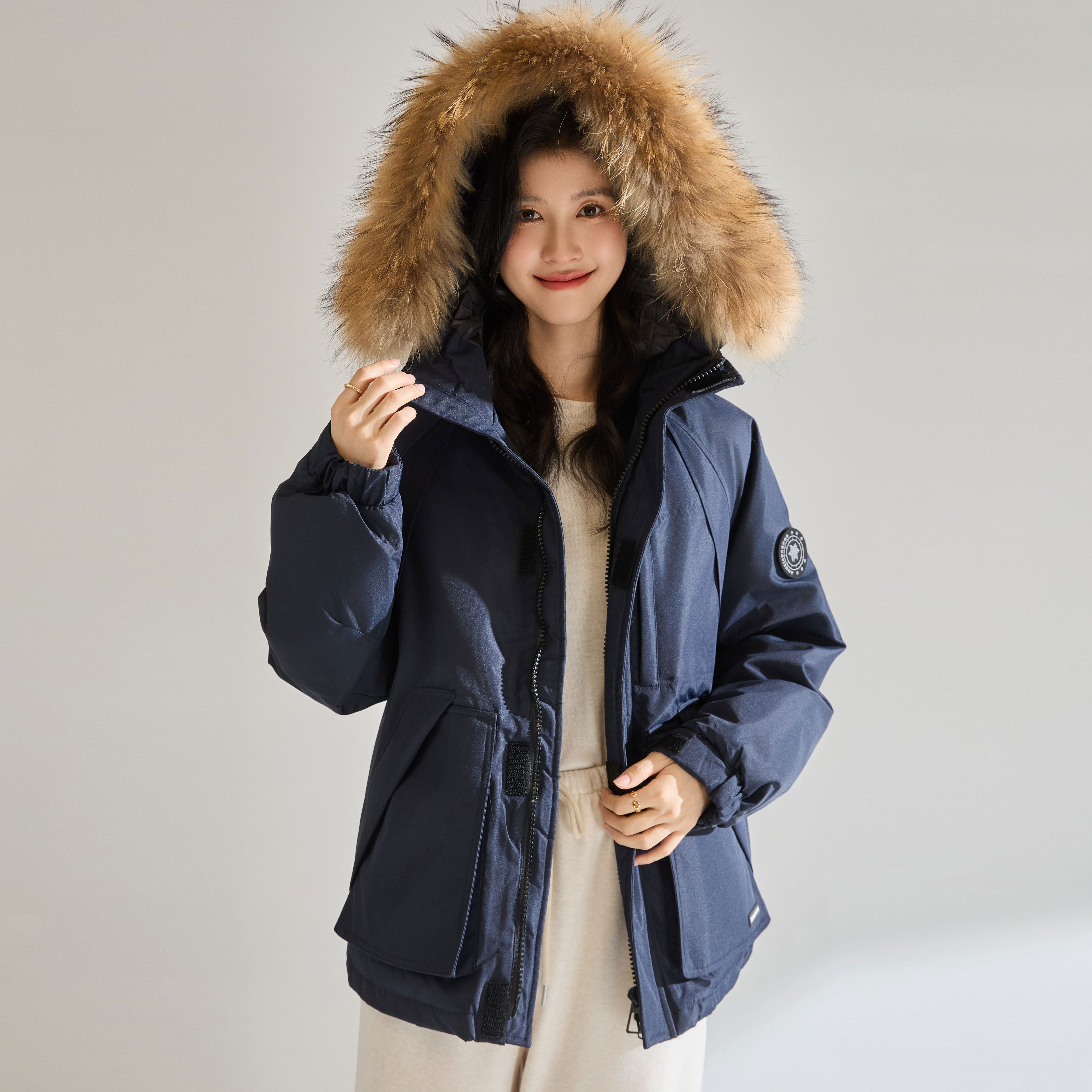 羽绒服派克服女连帽中长款加厚保暖气质90白鸭绒貉子毛领外套冬季