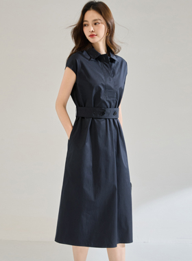 通勤风连衣裙女藏蓝色衬衫裙女短袖翻领纯棉显瘦文艺风中长款裙子
