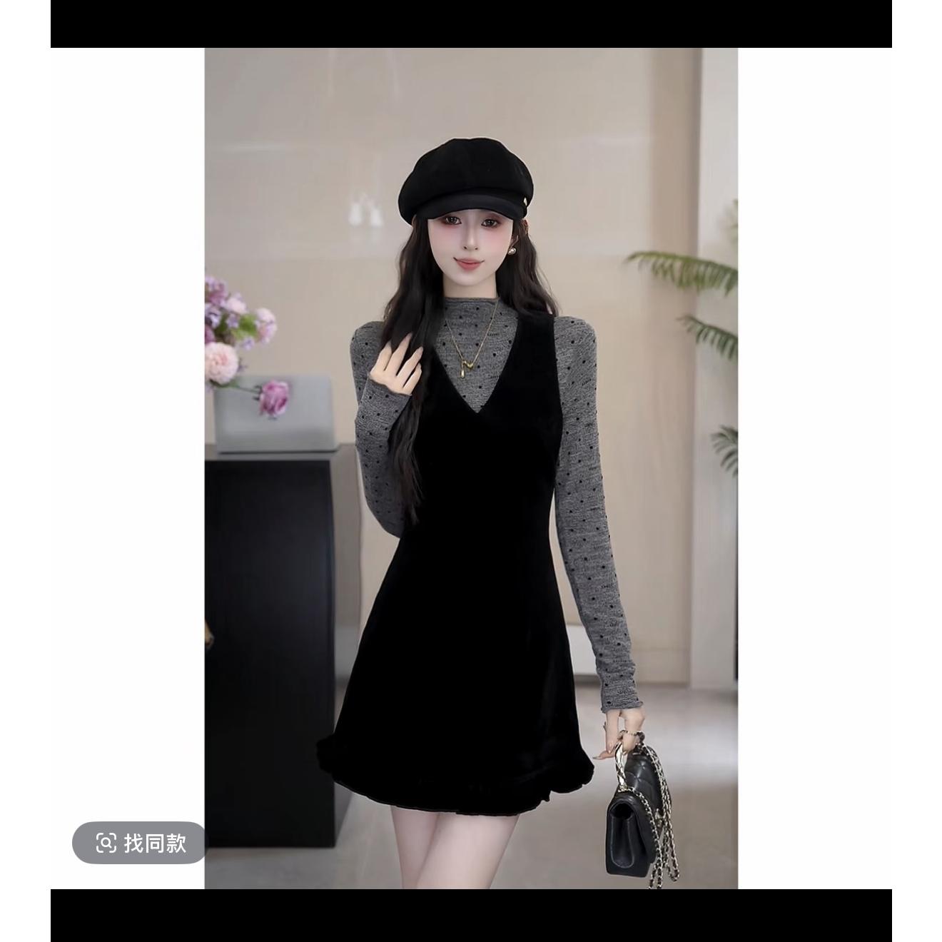 小香风黑色丝绒连衣裙套装