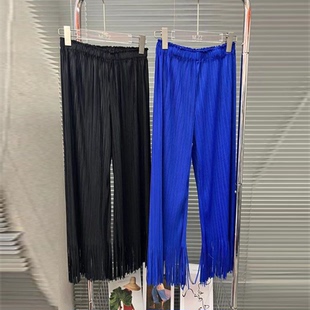 外贸品牌撤柜清仓夏季三宅裤子女褶皱宽松显瘦流苏薄款直筒九分裤