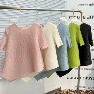 品牌撤柜清仓捡漏三宅褶皱不规则纯色上衣短袖 宽松遮肚t恤女 夏季