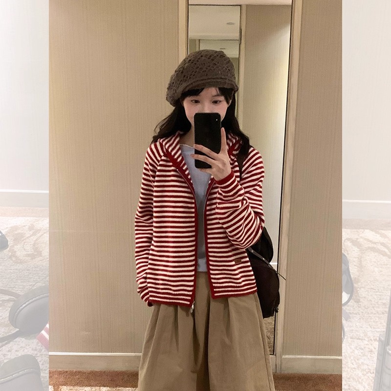 韩系红色条纹连帽针织开衫