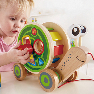 Hape乌龟拖拉学步积木车拉绳手拉线儿童宝宝多功能牵引益智玩具