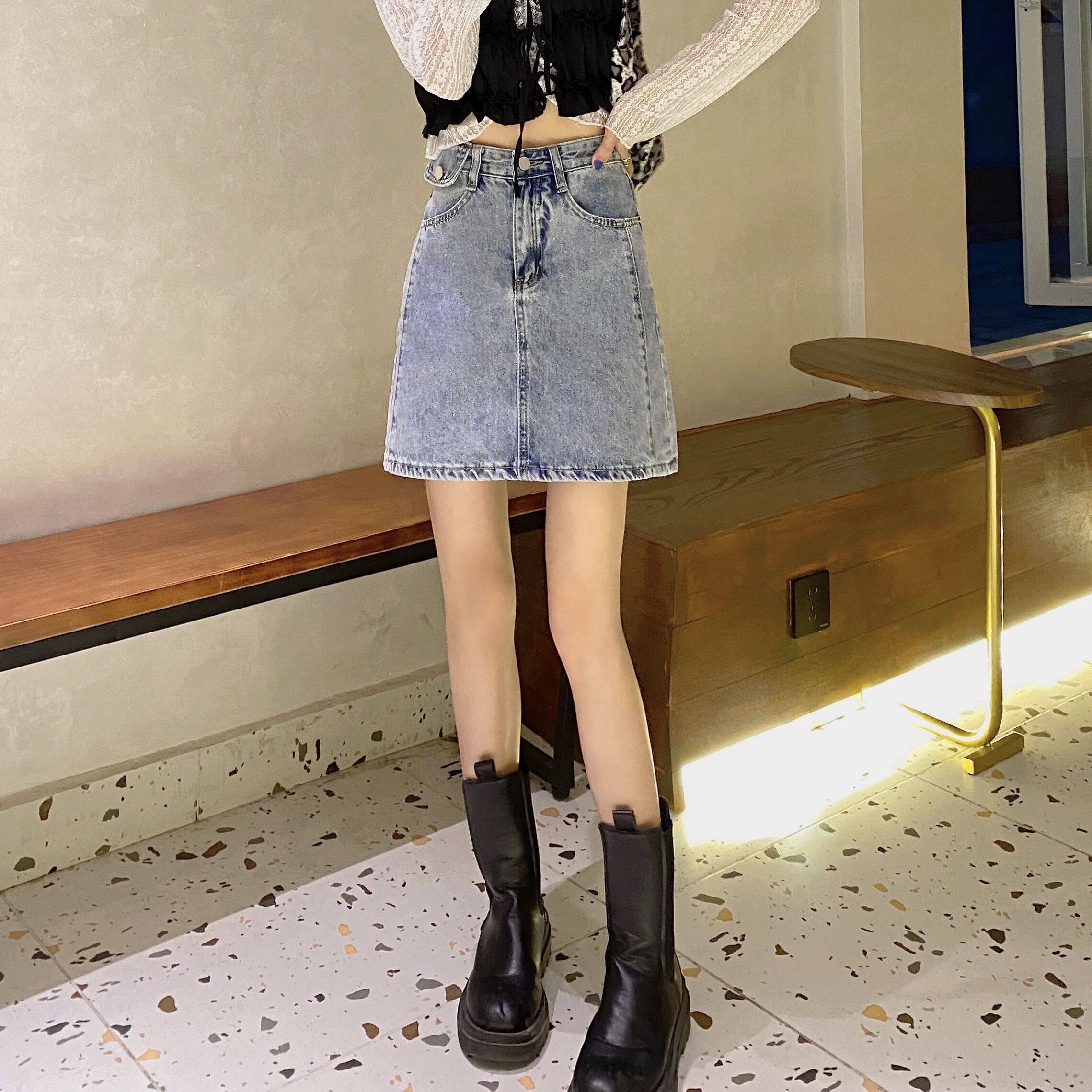 Real price ~ retro denim skirt for women's new high waist and thin A-line buttock skirt